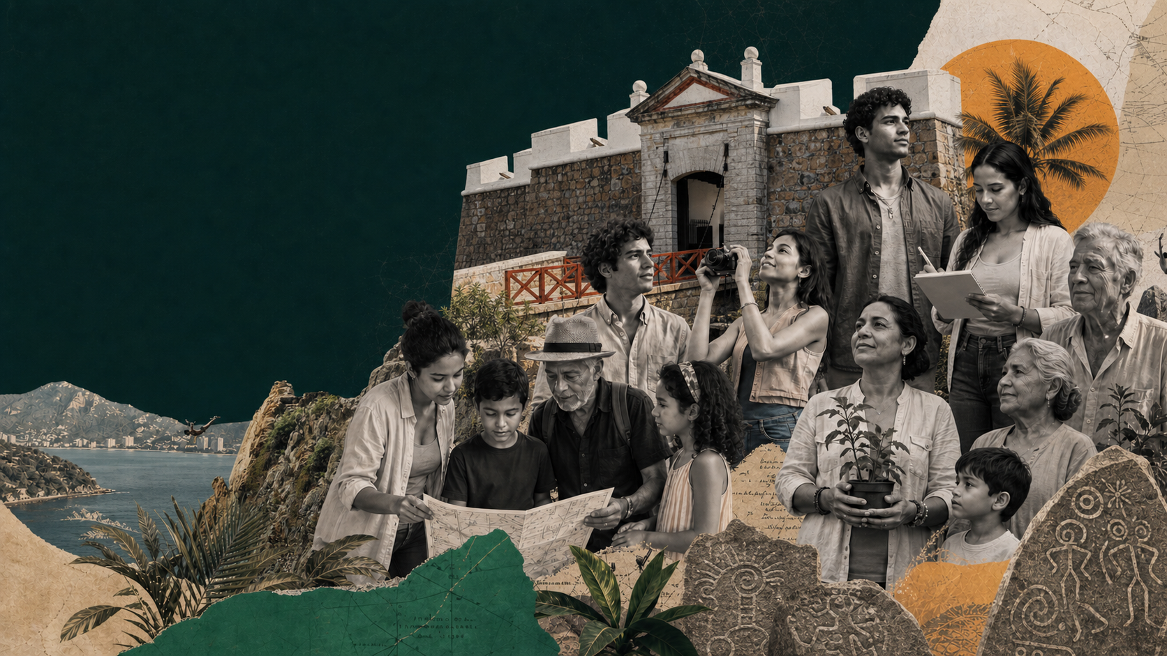 Niñas, niños, jóvenes, personas adultas y mayores reunidas junto al acceso del Fuerte de San Diego, la bahía de Acapulco, La Quebrada y petrograbados de Palma Sola